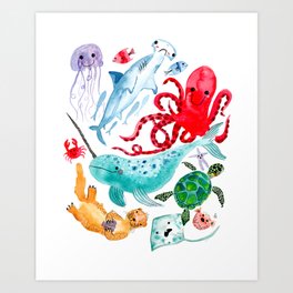Ocean Creatures - Sea Animals Characters - Watercolor Art Print