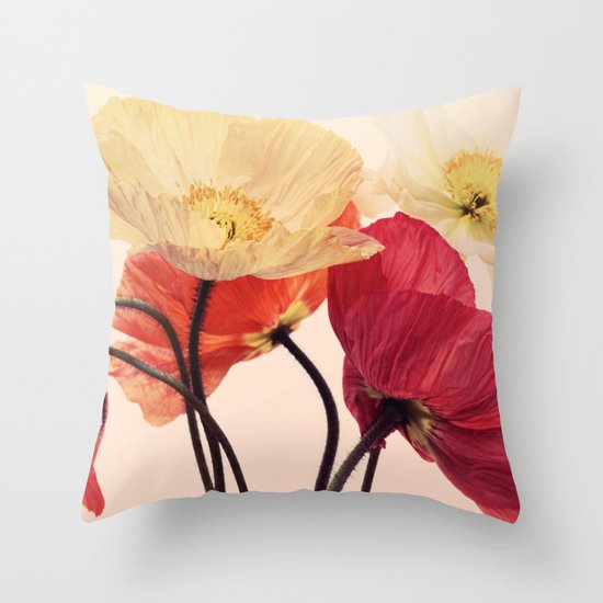 Posing Poppies - bright, vintage toned poppy still life Throw Pillow