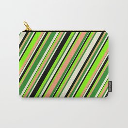 [ Thumbnail: Eyecatching Chartreuse, Light Salmon, Forest Green, Beige & Black Colored Striped/Lined Pattern Carry-All Pouch ]