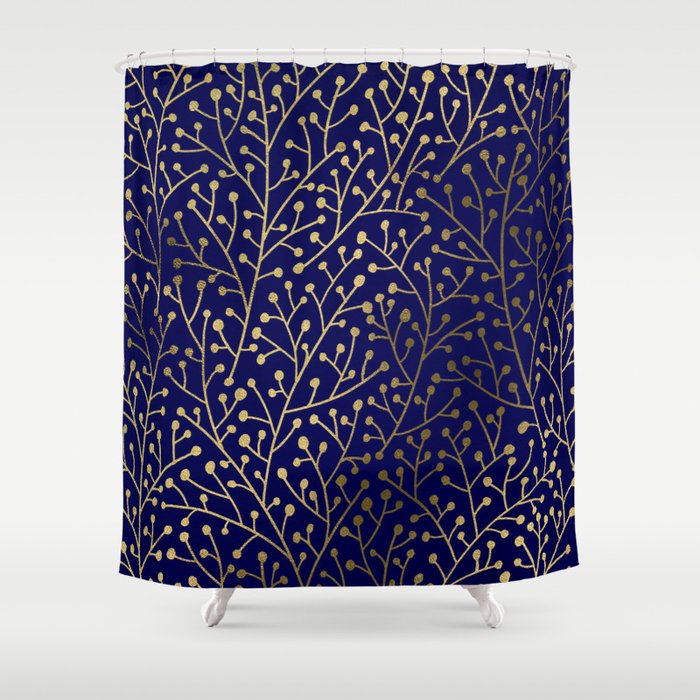 Gold Berry Branches on Navy Shower Curtain