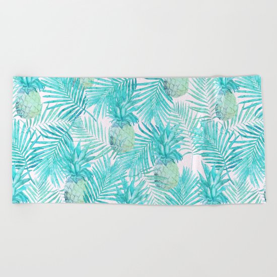 Turquoise Palm Leaves and Pineapples on Pink Beach Towel