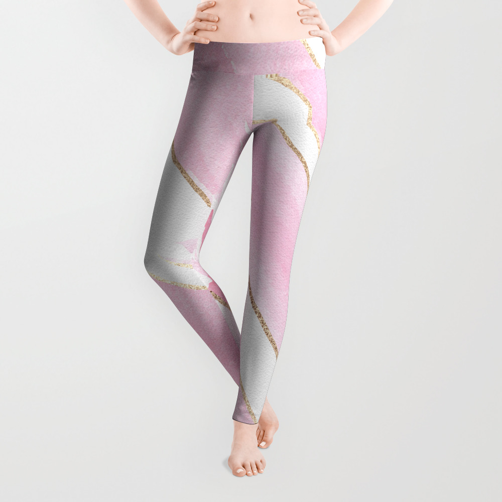 Giant Gold Trimmed Pink Watercolor Brushstrokes Leggings by lafemmeart