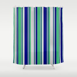 [ Thumbnail: Blue, Sea Green, and Light Grey Colored Lines/Stripes Pattern Shower Curtain ]
