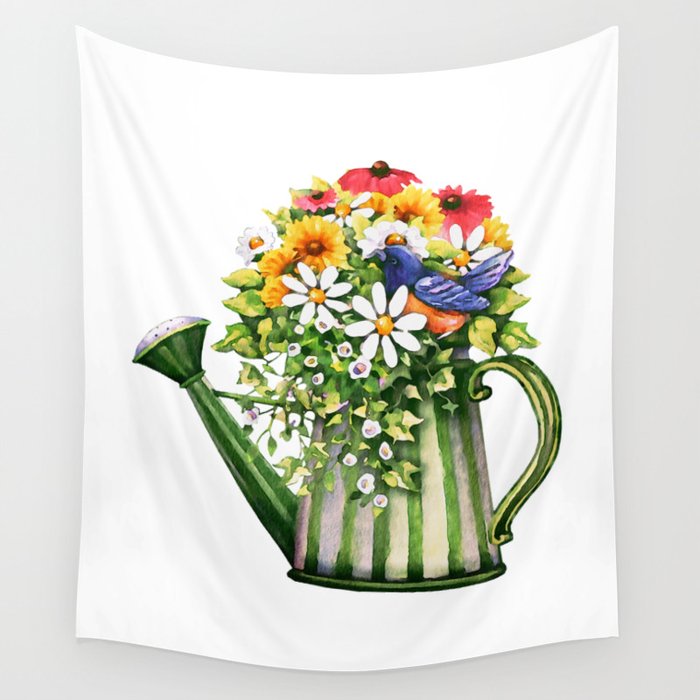 Flowers in Watering Can Watercolor Wall Tapestry