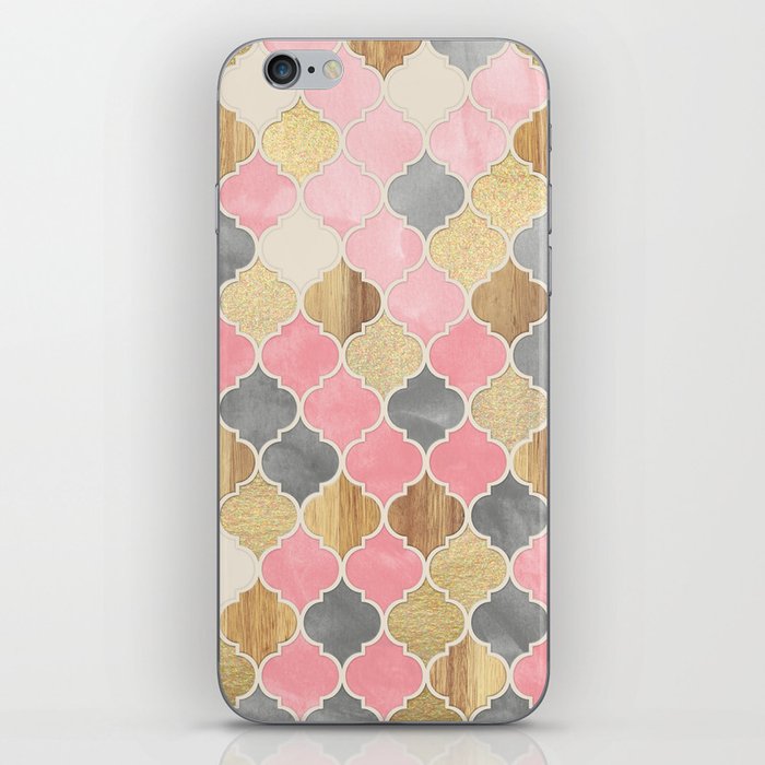 Silver Grey, Soft Pink, Wood & Gold Moroccan Pattern iPhone Skin