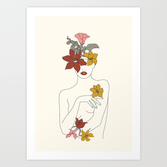 Colorful Thoughts Minimal Line Art Woman with Flowers IV  Art Print
