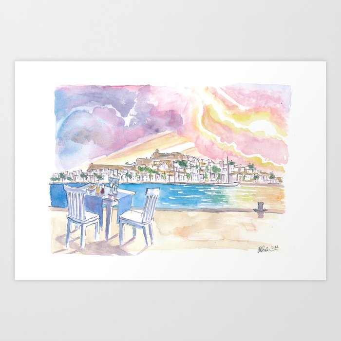 Sundowner with Gorgeous View of Eivissa Ibiza Old Town and Castle Art Print