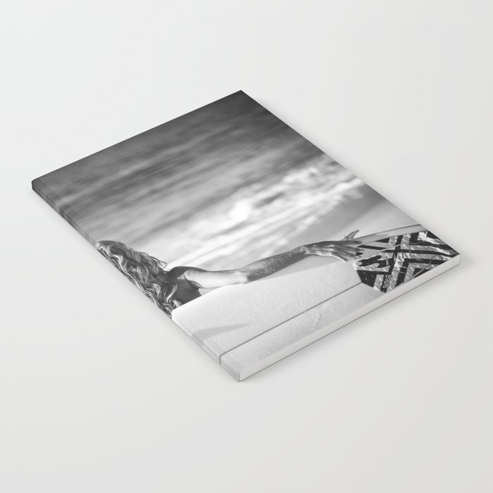 Little surfer girl beach female women surfing black and white photograph / photography / photographs for home and wall decor Notebook