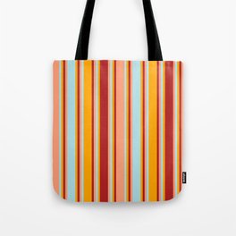 [ Thumbnail: Orange, Red, Light Salmon & Powder Blue Colored Stripes/Lines Pattern Tote Bag ]
