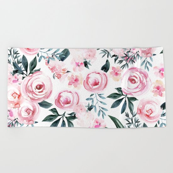 Floral Rose Watercolor Flower Pattern Beach Towel
