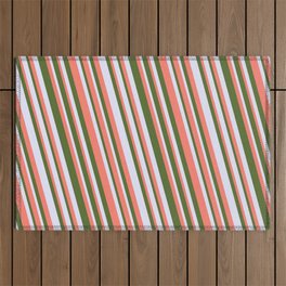 [ Thumbnail: Salmon, Dark Olive Green & Lavender Colored Lines Pattern Outdoor Rug ]