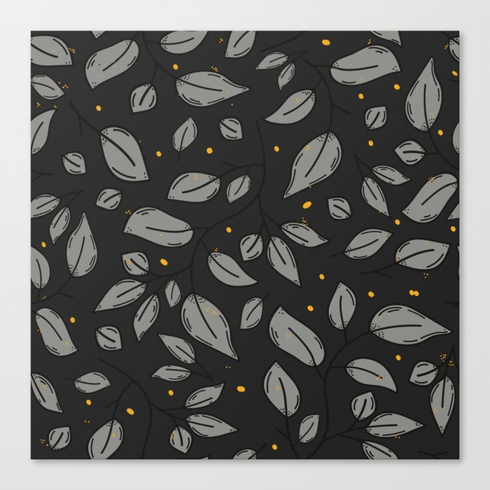 Luxurious grey and yellow leaves and dots pattern Canvas Print