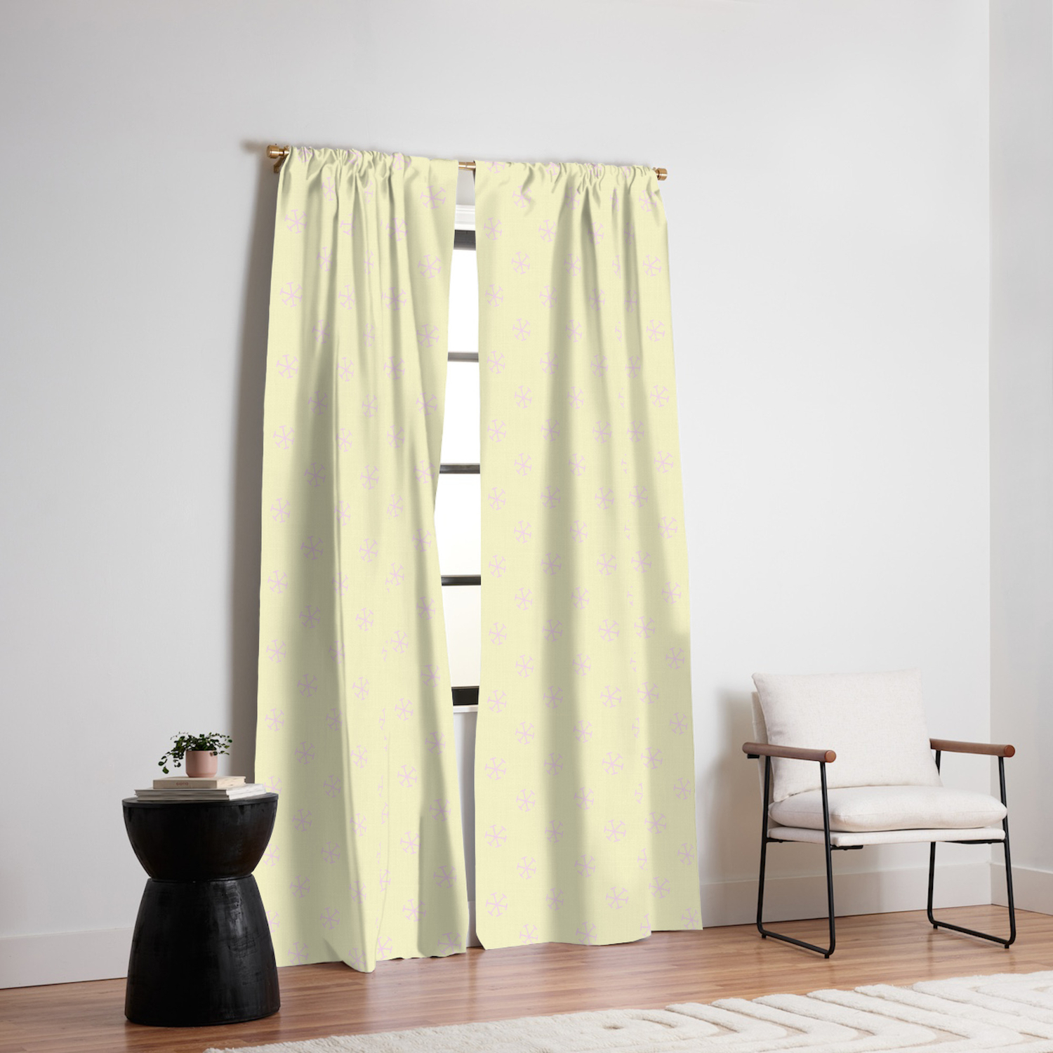 Pink Lace On Cream Yellow Snowflakes Blackout Curtain By