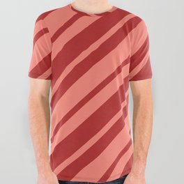 [ Thumbnail: Red and Salmon Colored Lines/Stripes Pattern All Over Graphic Tee ]
