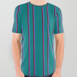 [ Thumbnail: Teal, Maroon & Medium Slate Blue Colored Lined/Striped Pattern All Over Graphic Tee ]