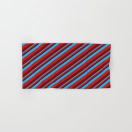 [ Thumbnail: Deep Sky Blue, Red & Dark Red Colored Lines Pattern Hand & Bath Towel ]