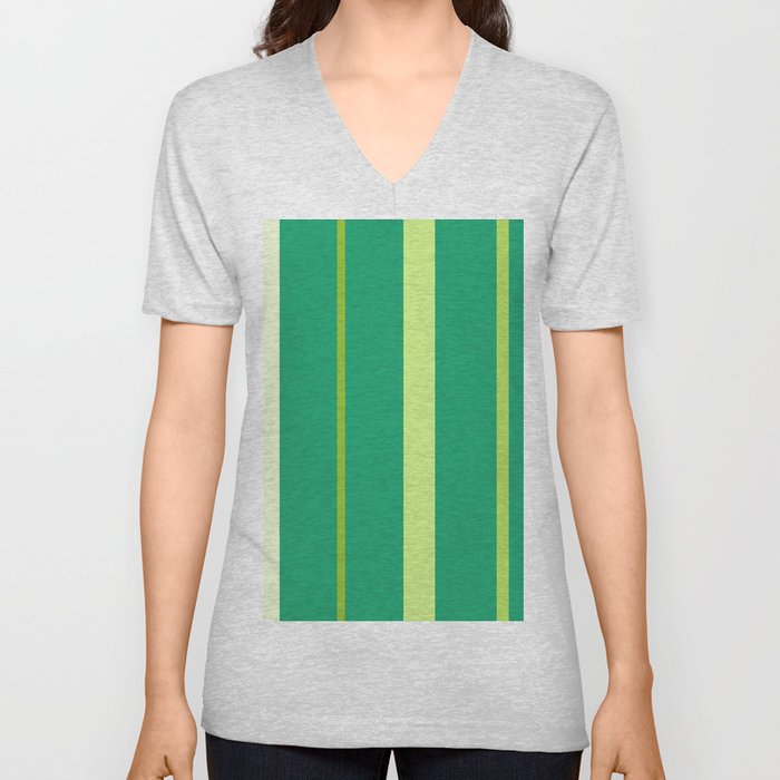 Green and White Striped Background V Neck T Shirt