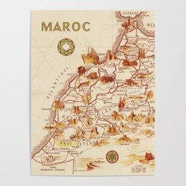 1950 Vintage Illustrated Map of Morocco Poster