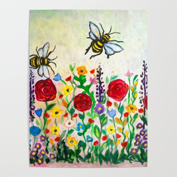 Summer meadow flowers and bees watercolor Poster