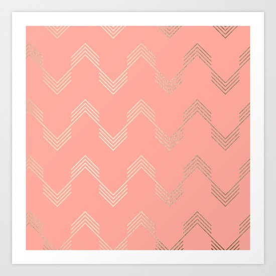 Simply Deconstructed Chevron White Gold Sands on Salmon Pink Art Print