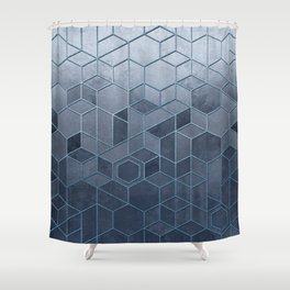 Geometric abstraction of hexagons on a blue relief background. Shower Curtain