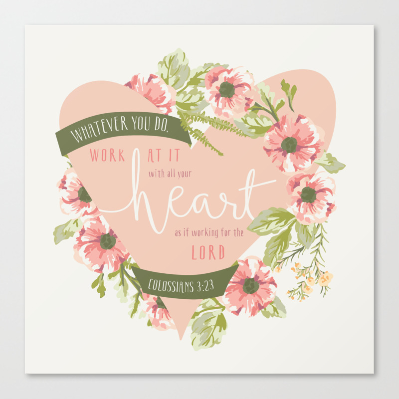 All Your Heart Floral Bible Verse Print Canvas Print By