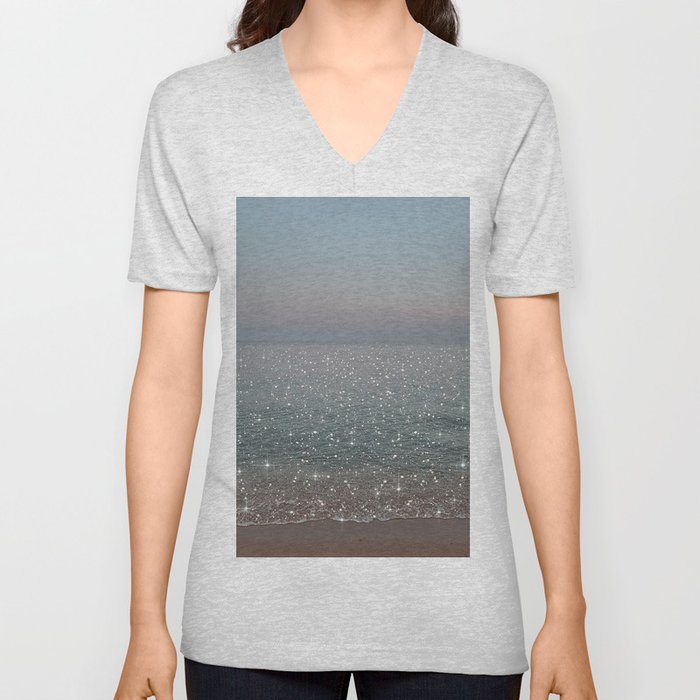 Blue Ocean Waves Glitter V Neck T Shirt