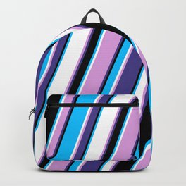 [ Thumbnail: Eye-catching Plum, Dark Slate Blue, Black, Deep Sky Blue & White Colored Lined/Striped Pattern Backpack ]