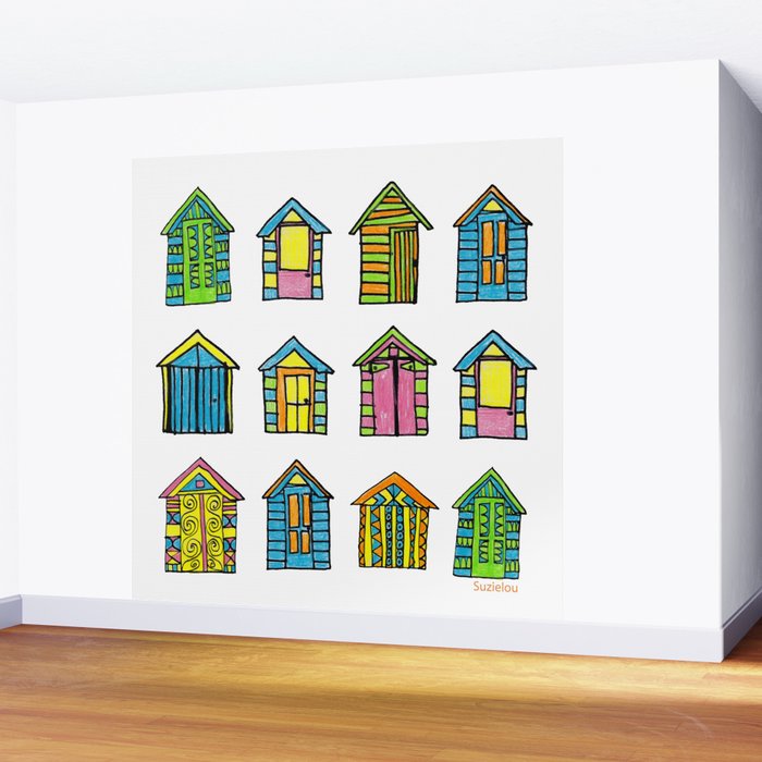 Summer Beach Huts Neon Wall Mural by suzielou | Society6