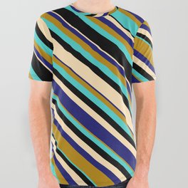 [ Thumbnail: Vibrant Dark Goldenrod, Turquoise, Black, Beige & Midnight Blue Colored Lines Pattern All Over Graphic Tee ]