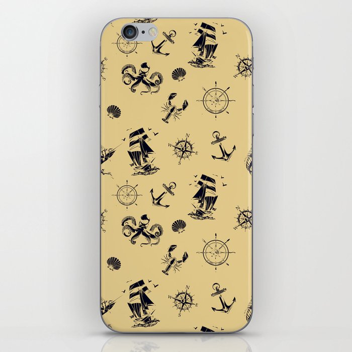 Beige And Blue Silhouettes Of Vintage Nautical Pattern iPhone Skin