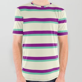 [ Thumbnail: Aquamarine, Beige & Purple Colored Lined Pattern All Over Graphic Tee ]