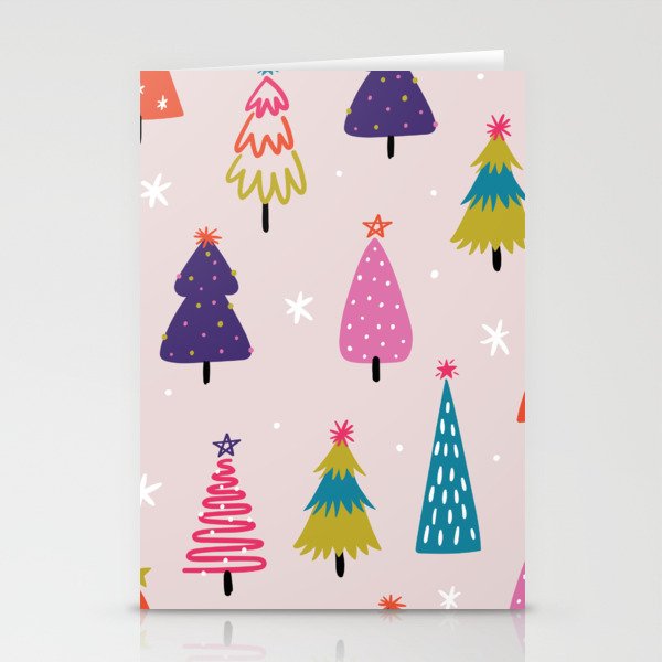 Colorful Pink Christmas Pine Trees Stationery Cards