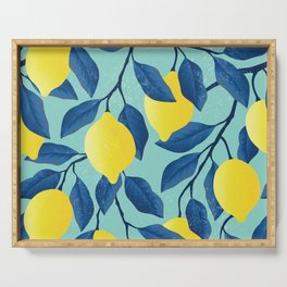 Vintage yellow lemon on the branches with leaves and blue sky hand drawn illustration pattern Serving Tray
