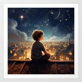 Stargazing on the roof Art Print