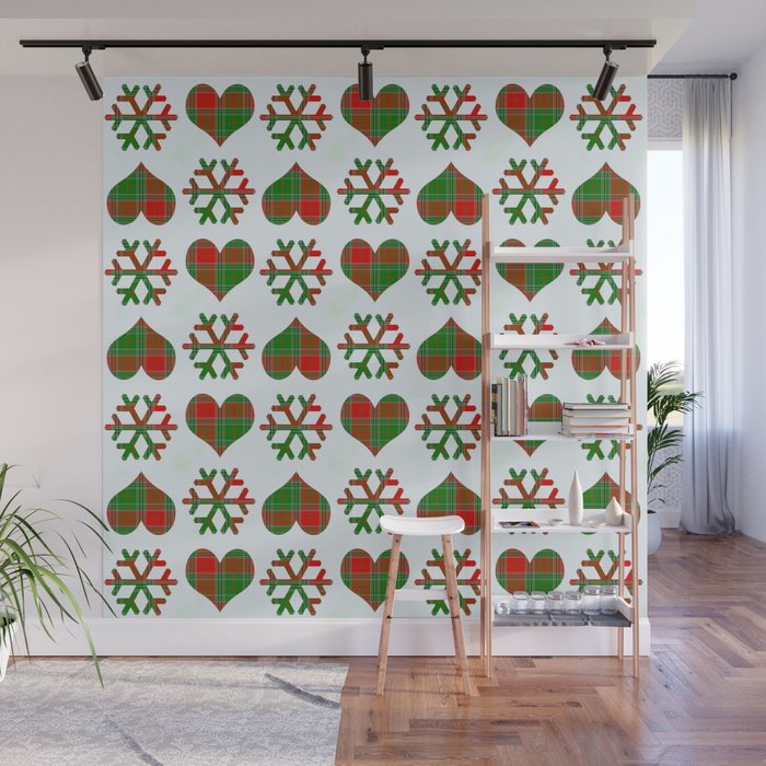  Christmas Winter Red Green Plaid Check Pattern Snowflakes And Heart Wall Mural