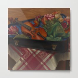Violin case with orchid, dahlias, & calla lily flowers still life portrait painting by Mark Gertler for home, bedroom, living room, and wall decor Metal Print | Julliard, Symphony, Music, Bach, Broadway, Violin, Stradivarius, Instruments, Orchestra, Musical 