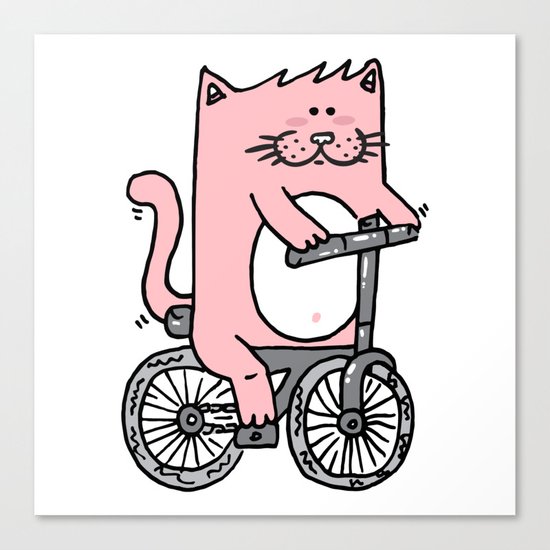 Cute pink cat riding the bike Canvas Print