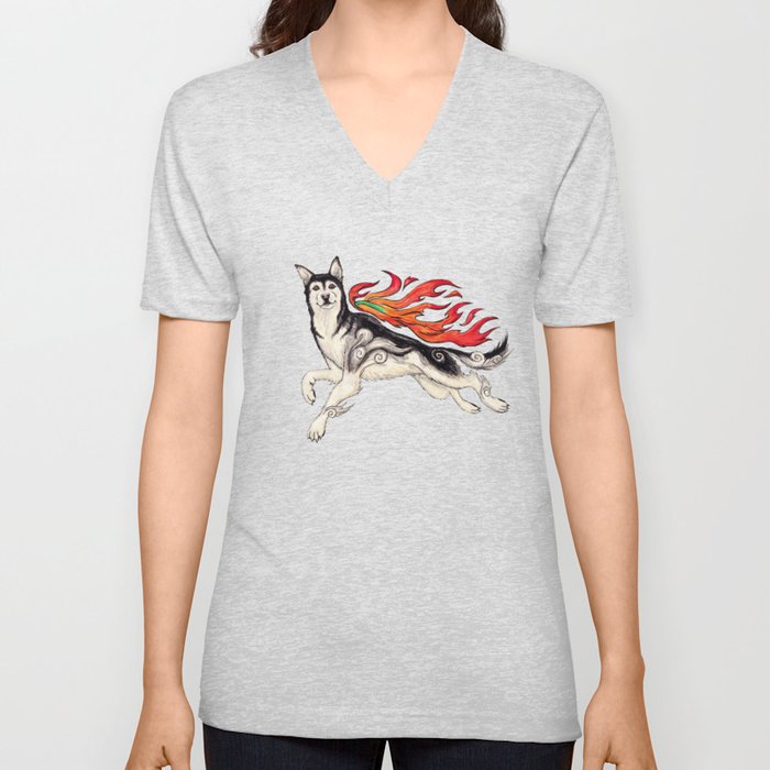 Marukomu Inukami ~ Ōkami inspired husky dog, watercolor & ink, 2015 V Neck T Shirt