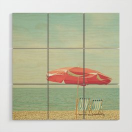 Deserted Beach Wood Wall Art | Curated, Cassiabeck, Umbrella, Water, Photo, Vintage, Red, Coast, Digital, Sea 