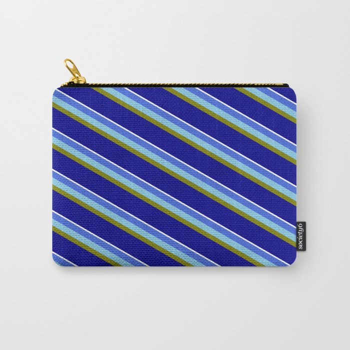 Vibrant Royal Blue, Sky Blue, Green, Dark Blue, and White Colored Striped/Lined Pattern Carry-All Pouch