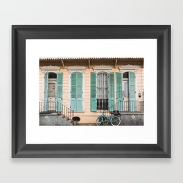Colorful New orleans architecture and vintage bicycle Framed Art Print