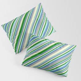 [ Thumbnail: Eye-catching Blue, Dark Gray, Light Yellow, Green, and Powder Blue Colored Lined Pattern Pillow Sham ]
