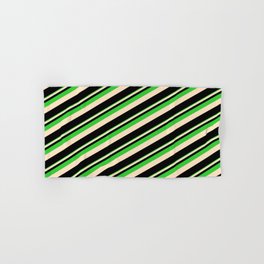 [ Thumbnail: Lime Green, Bisque & Black Colored Lines Pattern Hand & Bath Towel ]