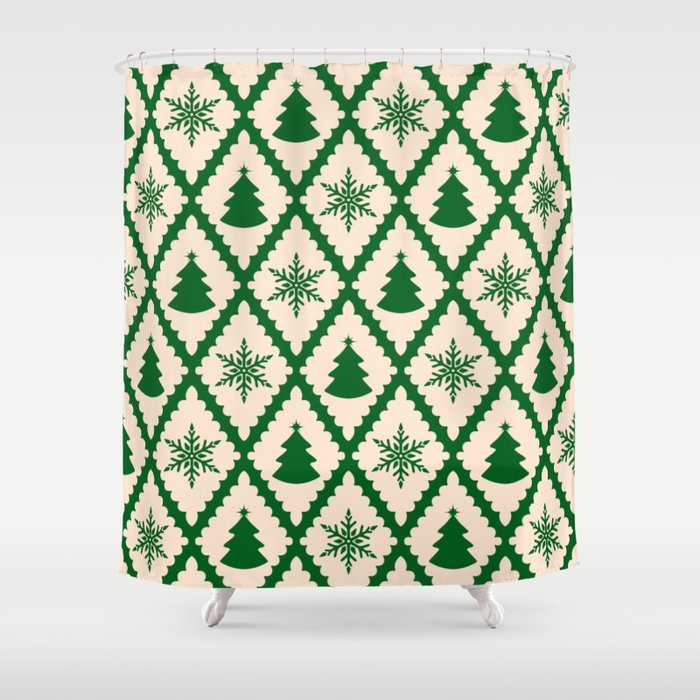 Festive Christmas Check in Green & Off White Shower Curtain