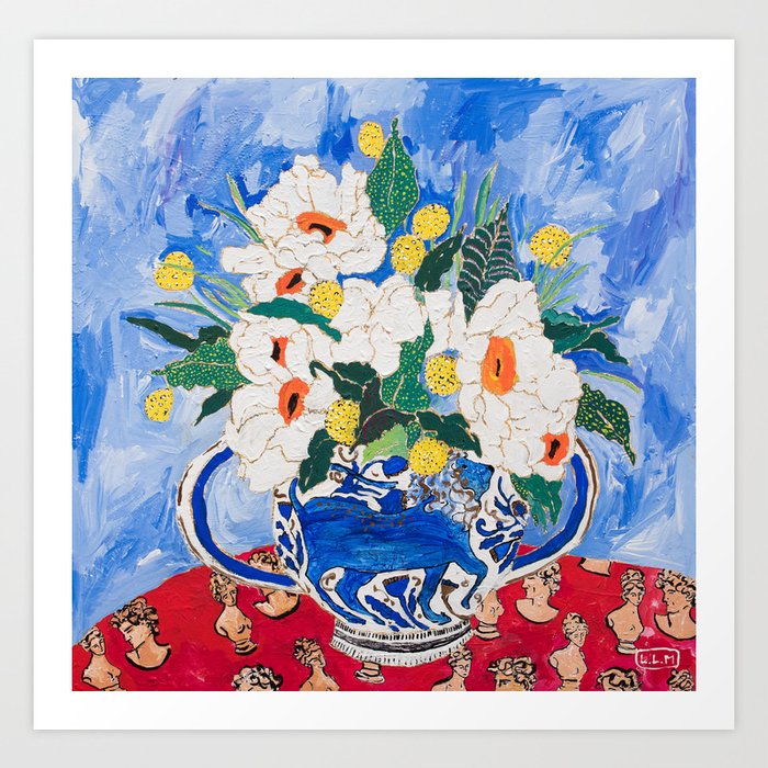 Queen of California - Giant Matilija Poppy Bouquet in Lion Vase on Blue Art Print