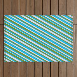 [ Thumbnail: Deep Sky Blue, Lavender, and Green Colored Lined Pattern Outdoor Rug ]
