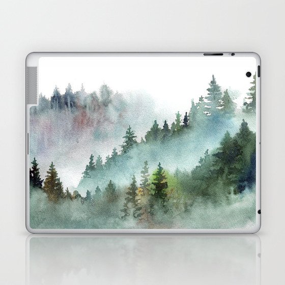 Watercolor Pine Forest Mountains in the Fog Laptop & iPad Skin