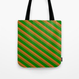 [ Thumbnail: Chocolate and Green Colored Lined/Striped Pattern Tote Bag ]