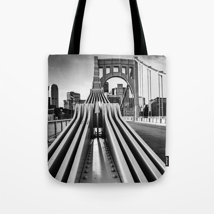 Pittsburgh Pennsylvania Steel City Skyline Bridge Black White Print Tote Bag